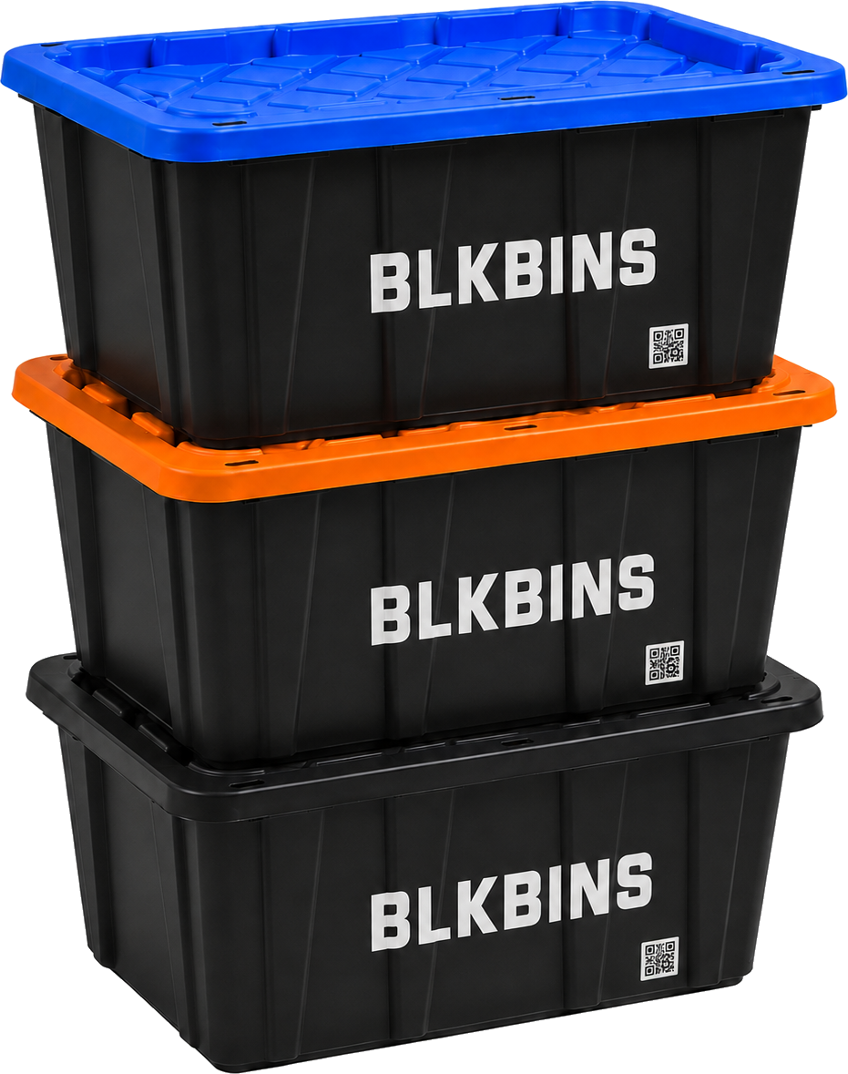 Three stacked BLKBINS reusable moving totes